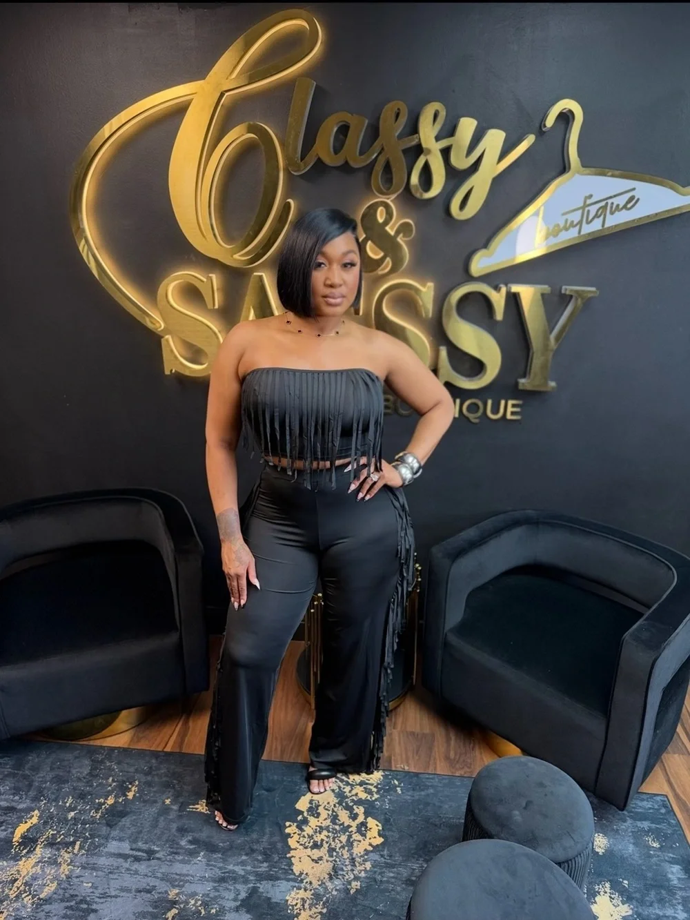 Fringed Strapless Crop Top & Wide-Leg Pants Set - Black